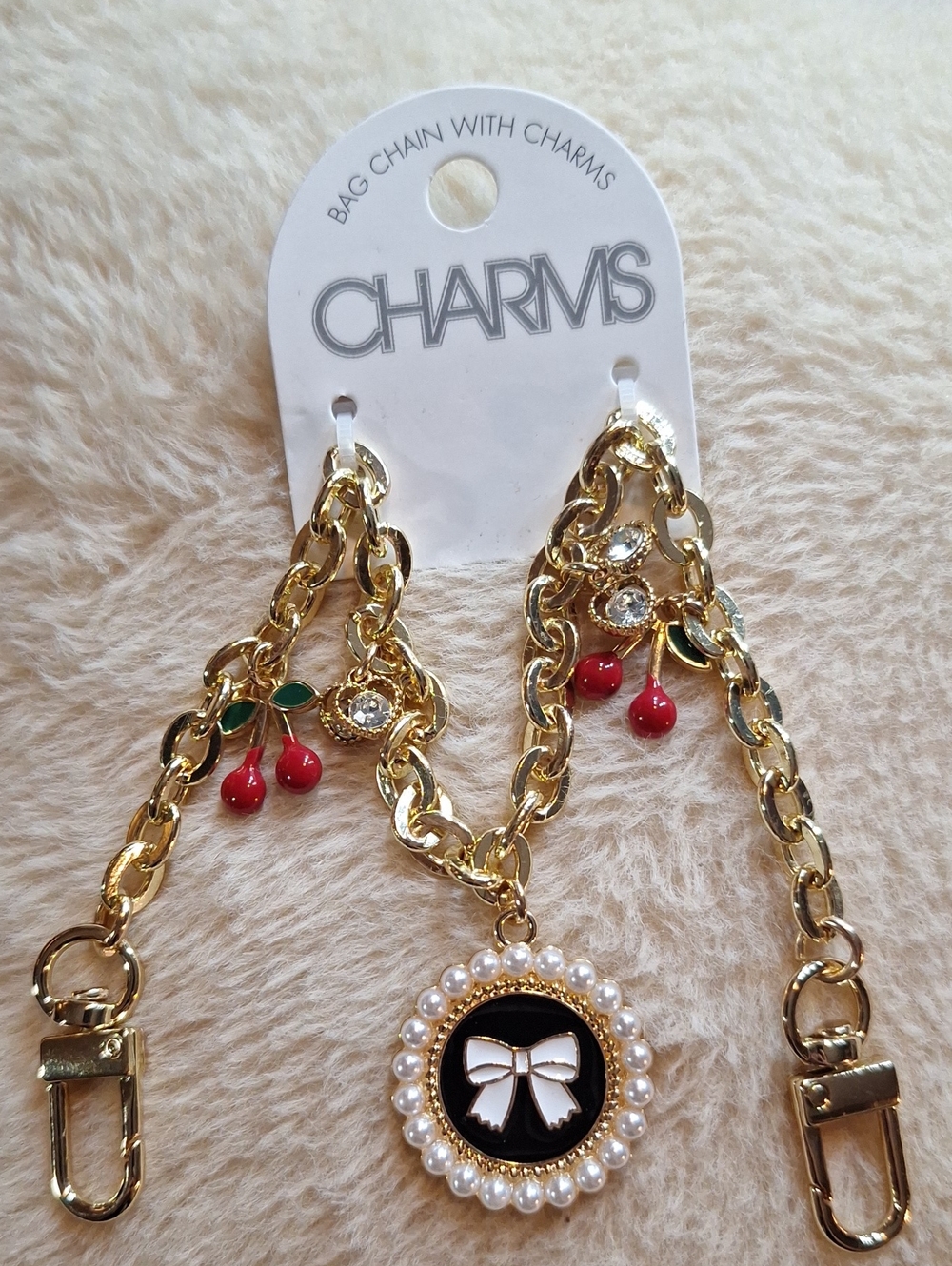 Gold-Tone Pearl Bow Chain with Red Cherry Charms